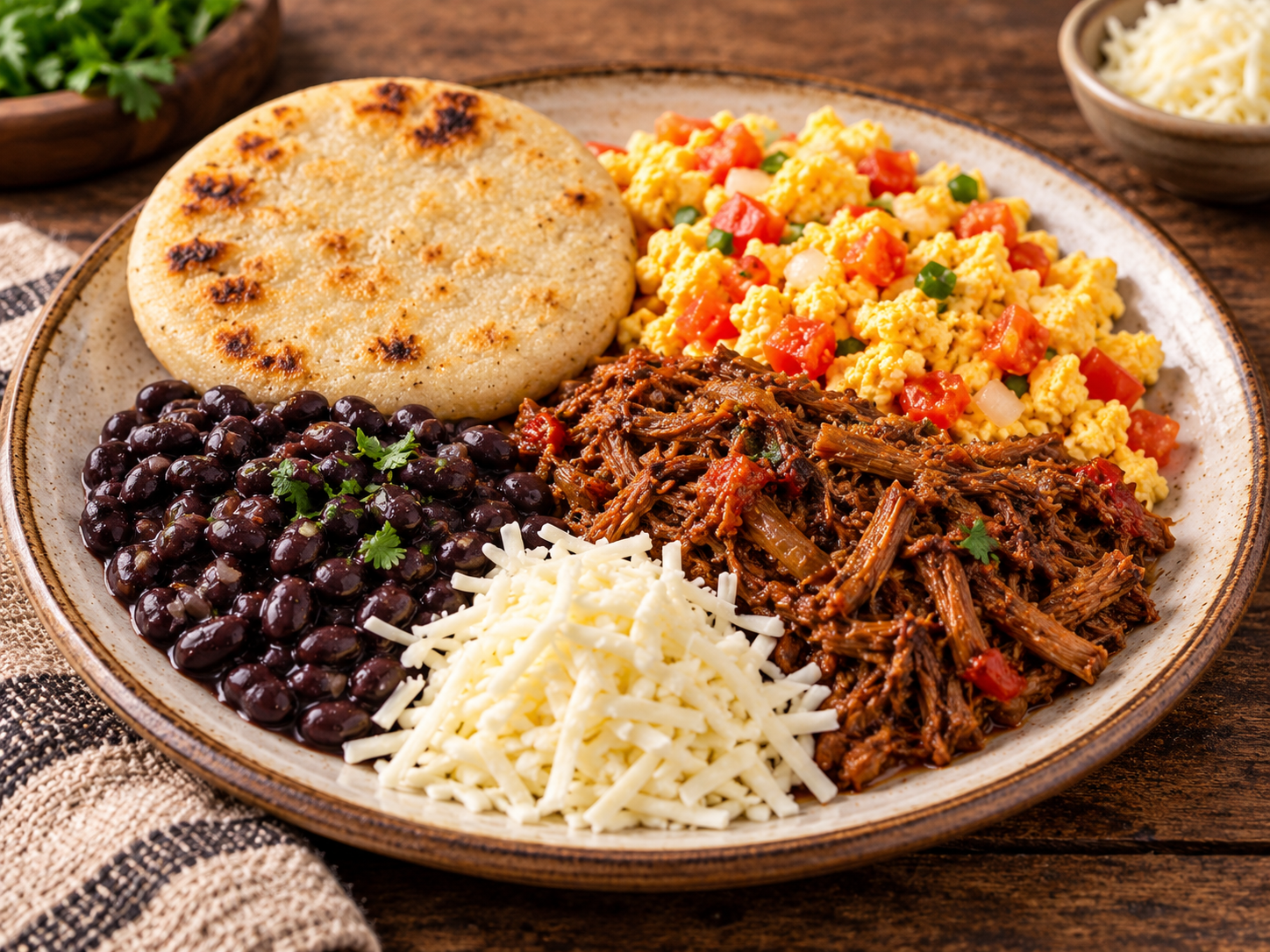 Desayuno criollo con arepa y perico